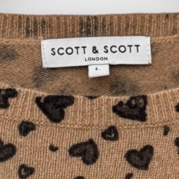 SCOTT & SCOTT LONDON Tan Mini Heart Print Crewneck Cashmere Sweater L - Picture 3 of 10